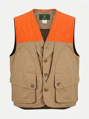ORVIS Tan Canvas Quilted Blaze Orange Patch Shooting Vest - Hunting Outdoors